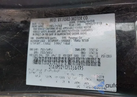 2007 Ford Fusion Sel из США, поврежденный, VIN 3FAHP02187R166495
